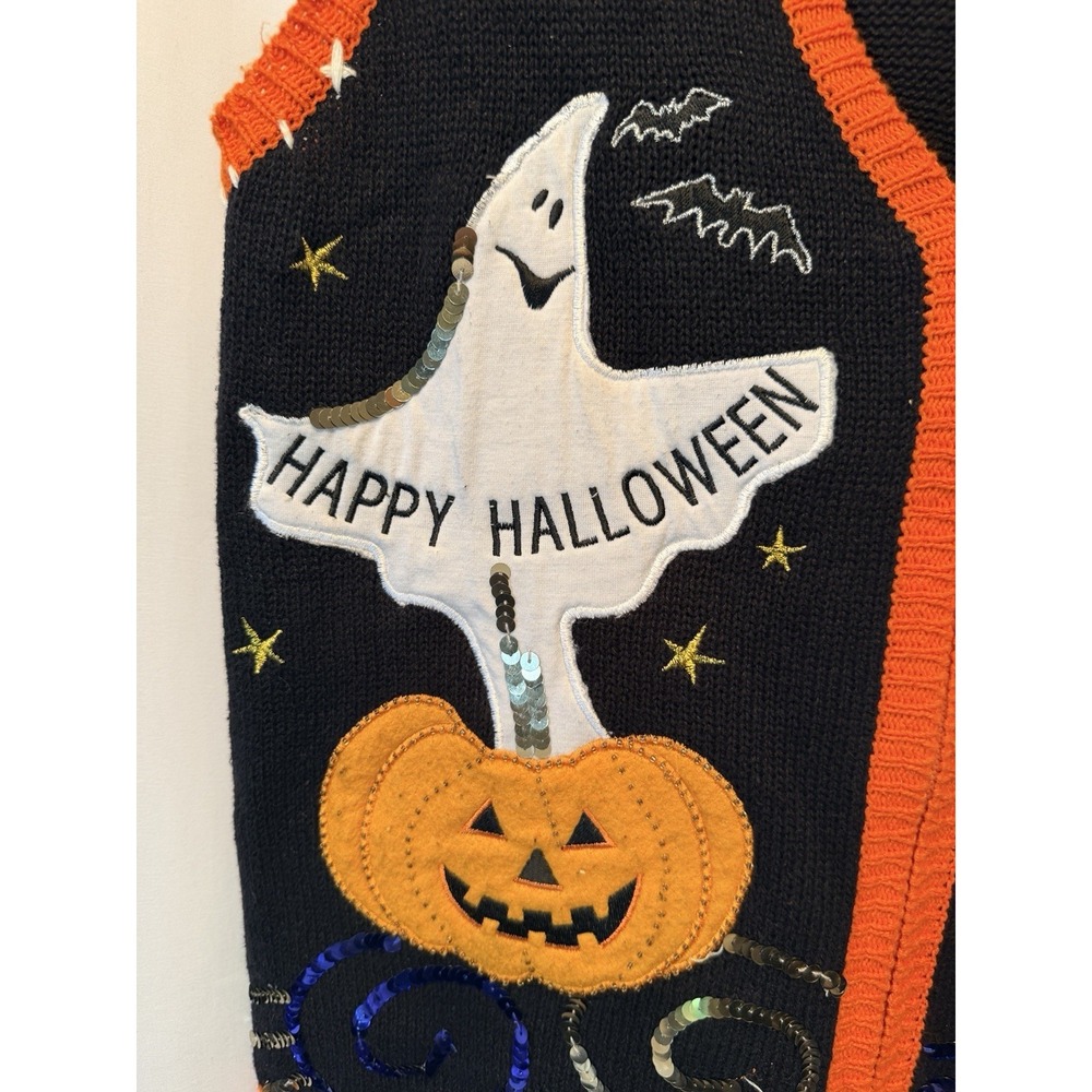 VTG Holiday Editions Size Small Halloween Sweater Vest Black Cat Sequins Knit - Picture 4 of 10
